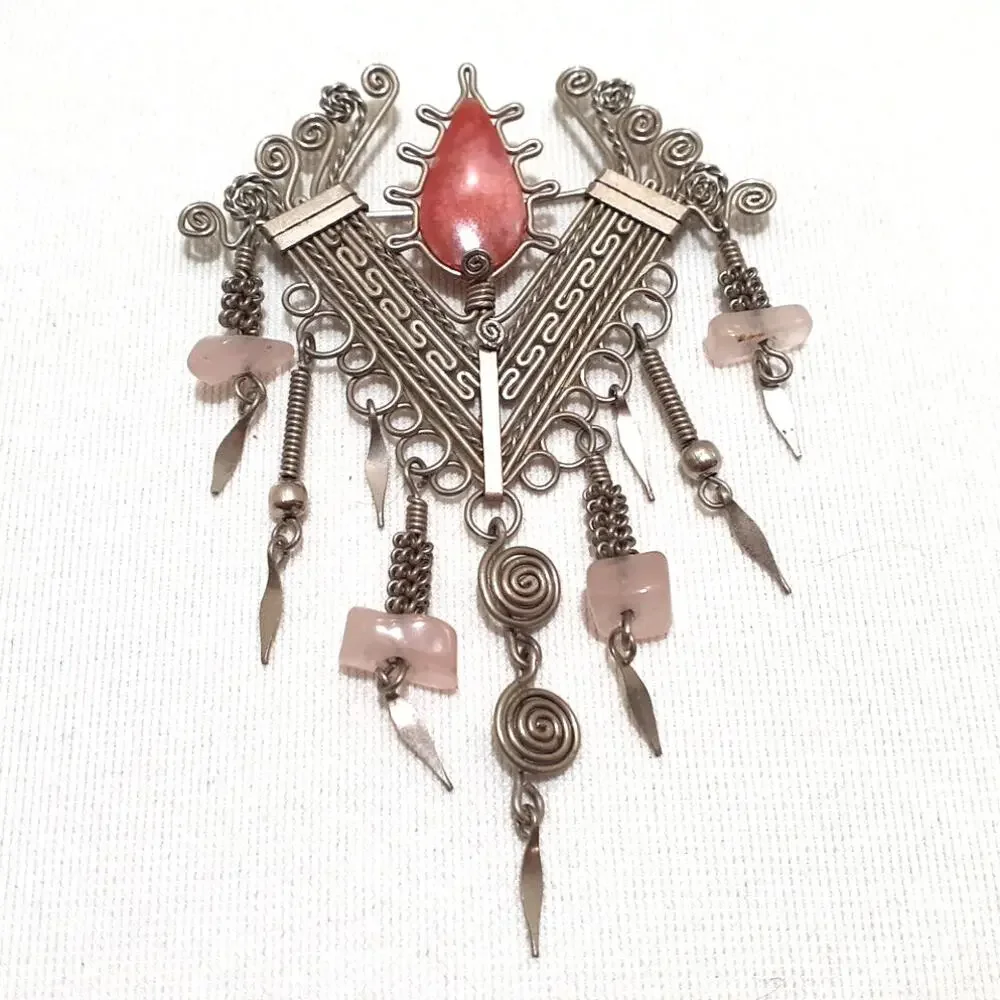 Vintage Mexican Alpaca Mayan Aztec Design Silver Tone Brooch